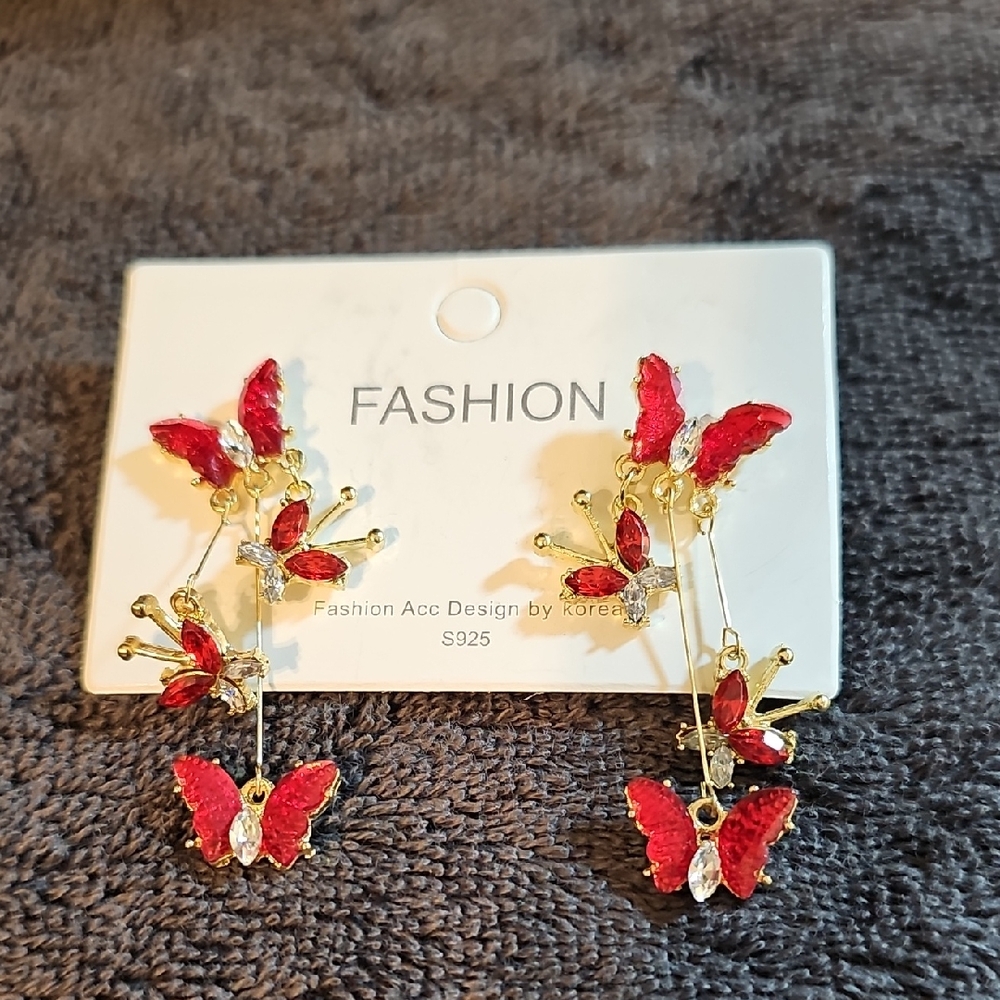 Fashion Jewelry Red and Gold Butterfly Dangle Earrings